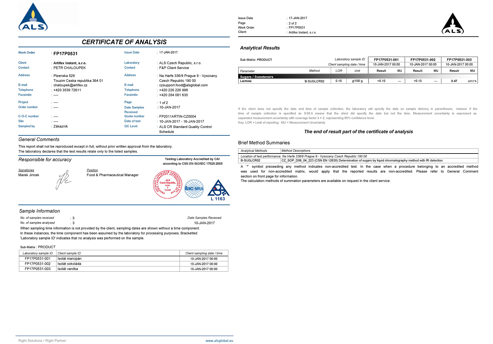 Výsledky laboratórnych rozborov obsahu laktózy v novom PROM-IN ISOCLEAR.
