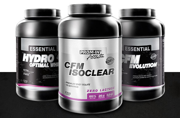 Hydro optimal whey, CFM Isoclear a CFM Evolution produktové fotografie na bieločiernom poazdí.