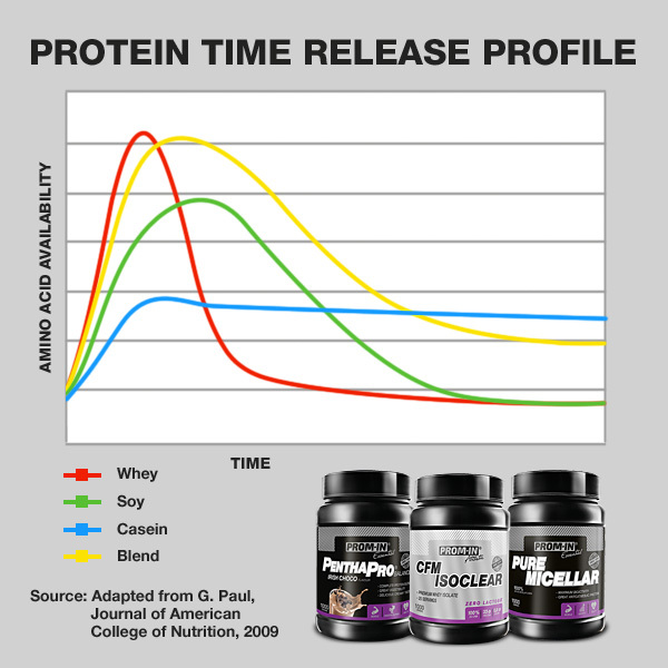 Protein time release profile - Graf porovnávajúci dostupnosť aminokyselín v čase v srvátkovom, sójovom, kazeínovom a blend proteíne.