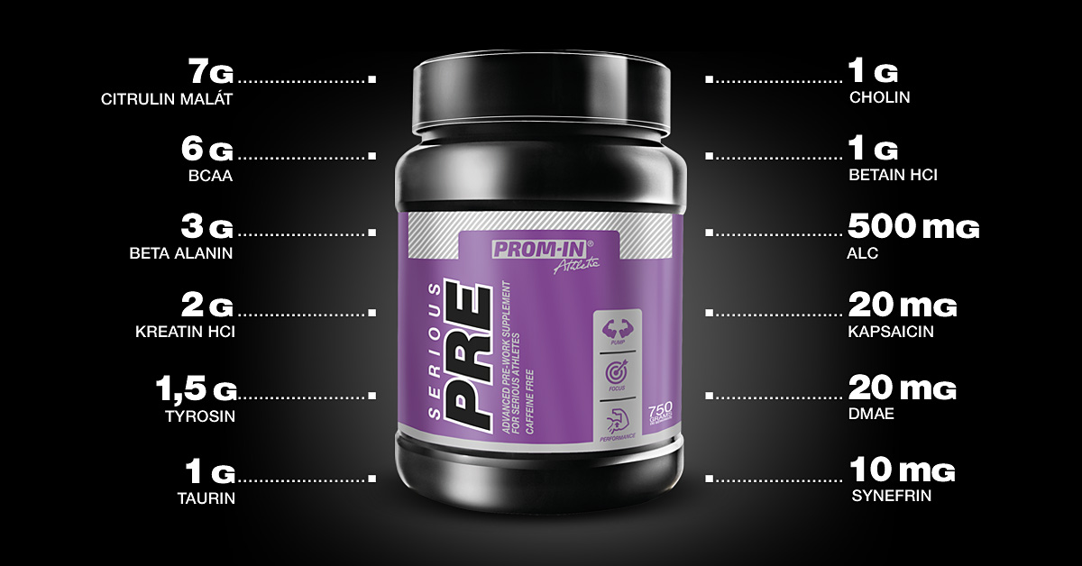 Na obrázku je fialová dóza športového doplnku SERIOUS PRE od značky PROM-IN. Produkt je určený ako komplexný predtréningový doplnok stravy. Na štítku je zreteľne uvedené zloženie: 7g citrulín malátu, 6g BCAA, 3g beta-alanín, 2g kreatín HCl, 1,5g tyrozín, 1g taurín, 1g cholín, 1g betaín HCl, 500mg ALC, 20mg kapsaicín, 20mg DMAE a 10mg synefrín. Balenie obsahuje 750g produktu s dávkovaním pre viacero porcií. Dóza má čierny uzáver a je zobrazená na tmavom pozadí s grafickým znázornením jednotlivých ingrediencií a ich množstva.