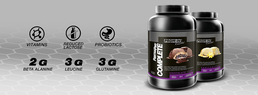 PROMIN Protein Complete - dva proteínové prášky s obsahom vitamínov, znížená laktóza, probiotiká, 2g beta-alanín, 3g leucín a 3g glutamín v príchuti čokoláda a vanilka, balenie 2520g.