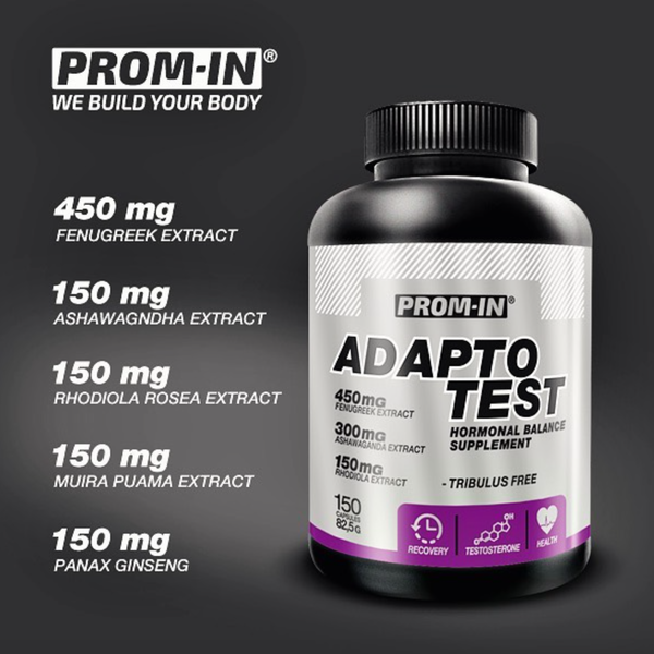 Doplnok výživy Adapto Test od značky Prom-In na hormonálnu rovnováhu v čiernej fľaši s 150 kapsuliami. Produkt obsahuje silnú kombináciu adaptogénnych extraktov - 450mg pískavice gréckeho extraktu, 150mg ashwagandha extraktu, 150mg rhodiola rosea extraktu, 150mg muira puama extraktu a 150mg panax ženšenu. Bezpečná formula bez tribulus terrestris na podporu prirodzenej hladiny testosterónu a obnovy organizmu.