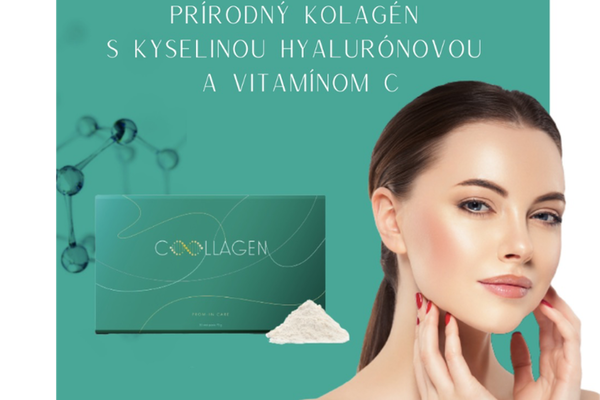 Elegantná žena s dokonalou pleťou prezentuje prírodný kolagén s kyselinou hyalurónovou a vitamínom C. Produkt Collagen v zelenej krabičke doplnená textom 'Prírodný kolagén s kyselinou hyalurónovou a vitamínom C'. Ideálny doplnok výživy pre zdravie pokožky, vlasov a nechtov s anti-aging účinkami.