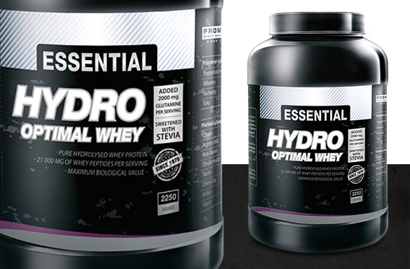 Dve balenia Essential Hydro Optimal Whey - ľavé je krabica s informáciami o čistom hydrolyzovanom srvátkovom proteíne, obsahu 21 000 mg WPI/WPC na porciu a 2250g. Pravé je čierna dóza s rovnakým dizajnom. Oba produkty majú bielo-čierny dizajn s ružovými akcentmi a logo Essential.