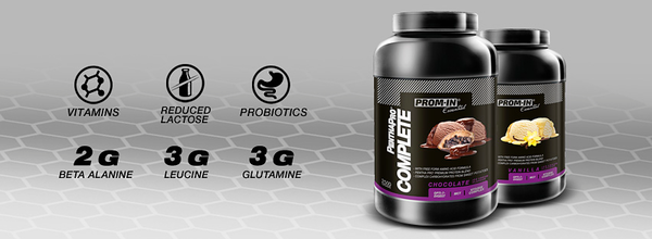 PROMIN Protein Complete - dva proteínové prášky s obsahom vitamínov, znížená laktóza, probiotiká, 2g beta-alanín, 3g leucín a 3g glutamín v príchuti čokoláda a vanilka, balenie 2520g.