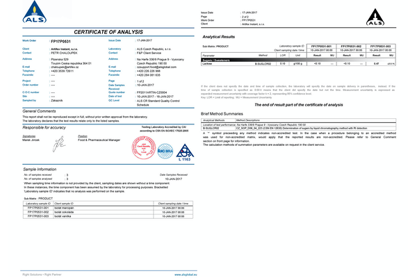 Výsledky laboratórnych rozborov obsahu laktózy v novom PROM-IN ISOCLEAR.